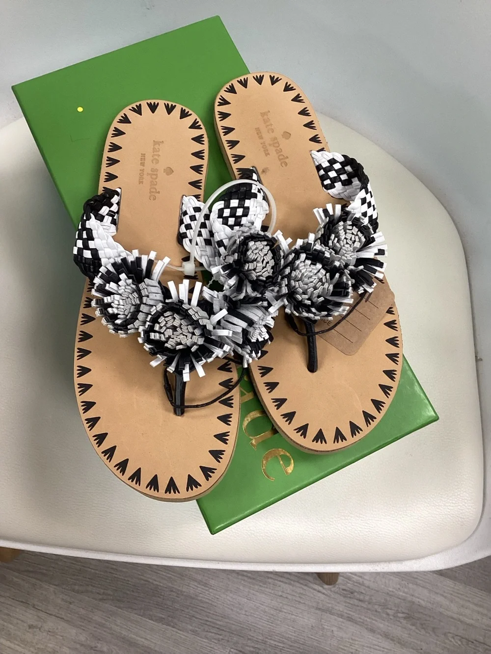 kate spade Black & White Floral Woven Thong Sandals